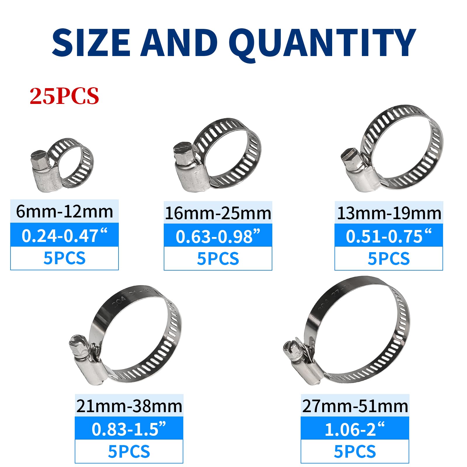 25PCS Stainless Steel Hose Clamps (1/4-2 Inch, 6-51mm) - Heavy Duty Worm Drive Clamps for Plumbing, Automotive, Radiator, HVAC, Dishwasher, Washing Machine Repair