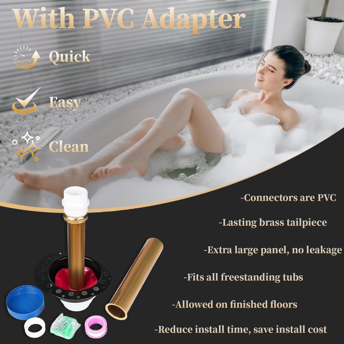 PVC Freestanding Tub Drain Rough - in Kit, Bathtub Drain Kit for Island Bathtubs, PVC Plastic Adapter and Brass Tail Pipes, Compatible with Free Standing Tub Drain, Floor Mounted Bathtubs - HomeDIYer