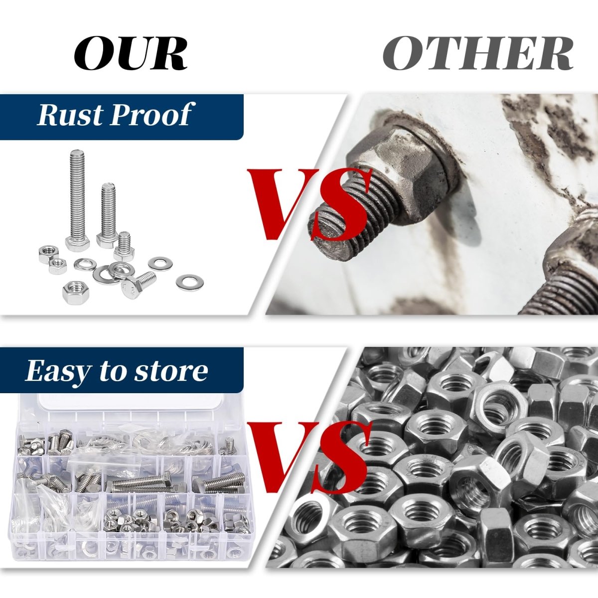 Nuts and Bolts Assortment Kit, 262 Pcs 304 Stainless Steel Bolts and Nuts Kit, A2 Hex Head Nut and Bolt Set 1/4 - 20, 5/16 - 18, 3/8 - 16, with Flat and Lock Washers - HomeDIYer