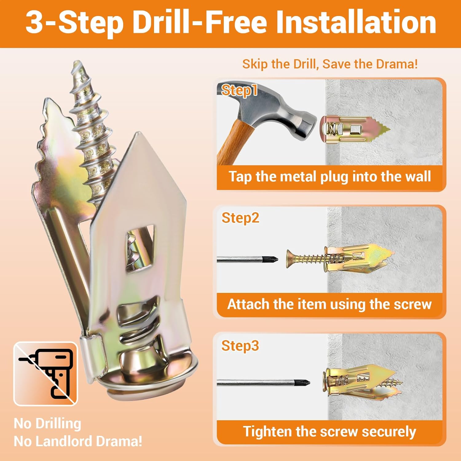 160 PCS Self Drilling Drywall Anchors with Screws Kit – Easy No-Drill Installation, 80 Anchors + 80 Screws (0.47 x 1.18 inch)