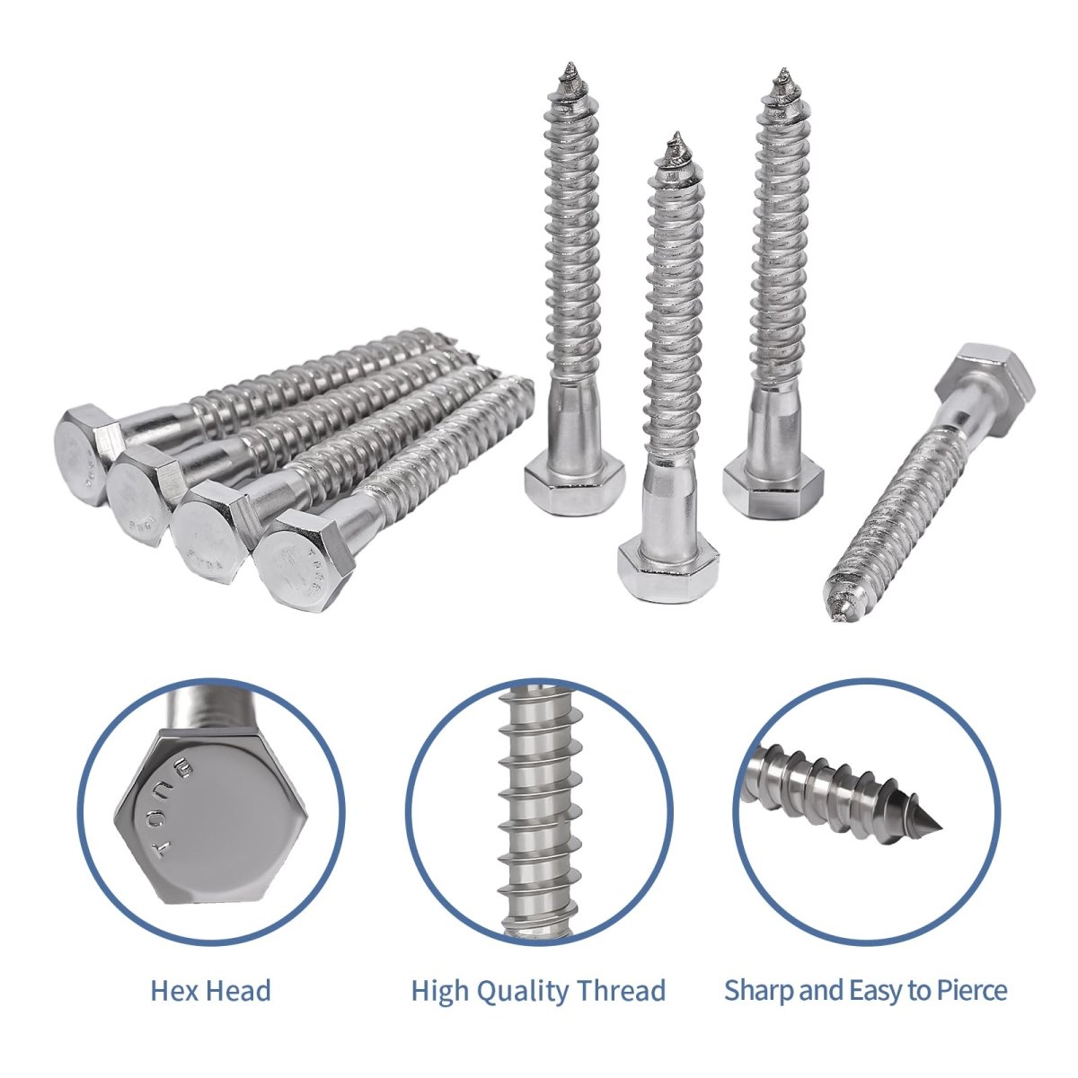 Hex Head Wood Screws for Woodworking, Furniture - 304 Stainless Steel Partial Thread Hexagon Head Lag Screws for Wood - Silver - HomeDIYer