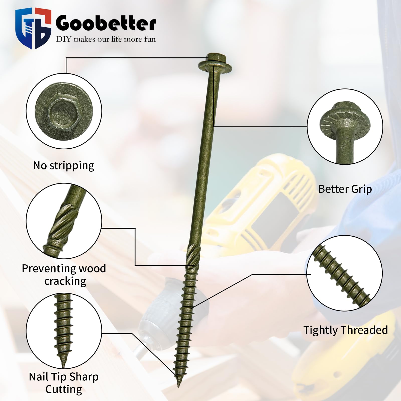 Goobetter 50PCS 6” Structural Wood Screws #14 | Green Coated Heavy Duty Timber Screws w/ Hex Bit