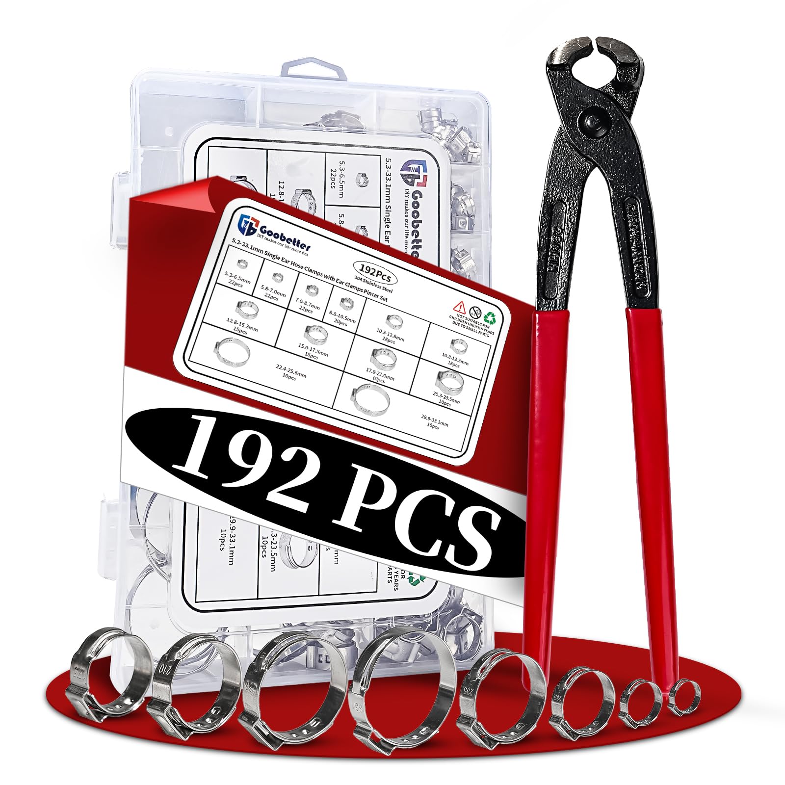192 Pcs 12 Sizes Goobetter Single Ear Hose Clamps Stainless Steel with Ear Clamps Pincer Set, 5.3-33.1mm Adjustable Hose Clamp Assortment for radiator, Plumbing, Automotive, Washing Machine