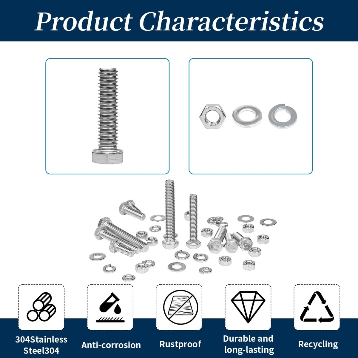 Nuts and Bolts Assortment Kit, 262 Pcs 304 Stainless Steel Bolts and Nuts Kit, A2 Hex Head Nut and Bolt Set 1/4 - 20, 5/16 - 18, 3/8 - 16, with Flat and Lock Washers - HomeDIYer