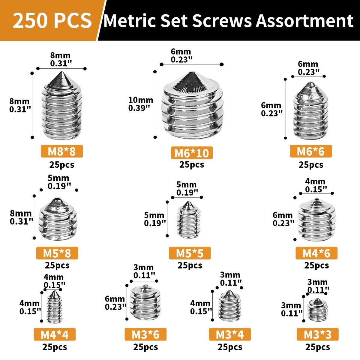 Set Screw Assortment Kit (250 Pcs) - Metric Sizes M3, M4, M5, M6, M8 - 304 Stainless Steel Tapered Point Hex Head Screws - Ideal for Door Knobs, Home Repair, Furniture, and More! - HomeDIYer
