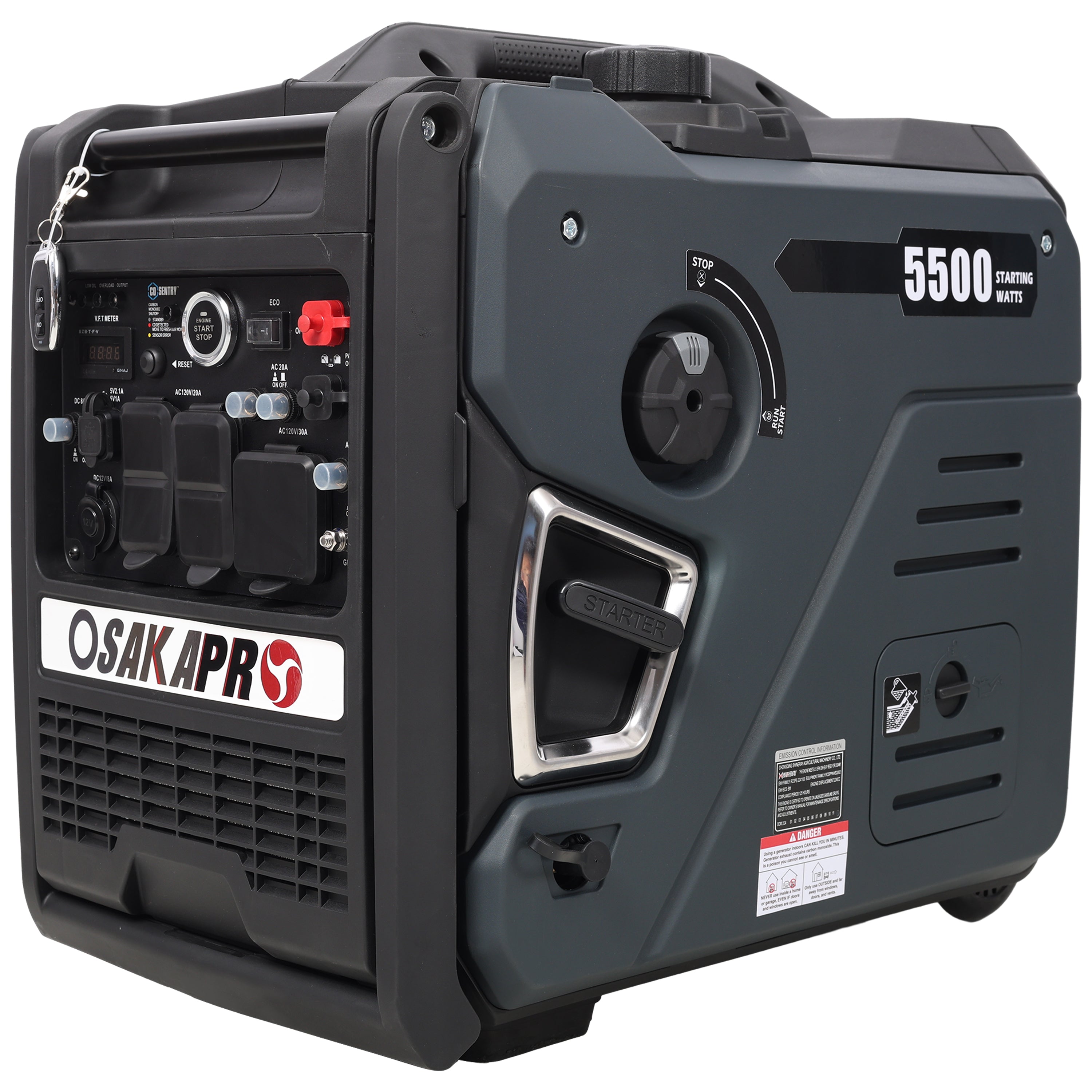 Super quiet Inverter Generator 5.5KW portable generator electric&remote start, foldable handle with wheels, 224cc 4 stroke EPA compliant, Gas&LPG Dual Fuel, With CO Sensor for more safety using