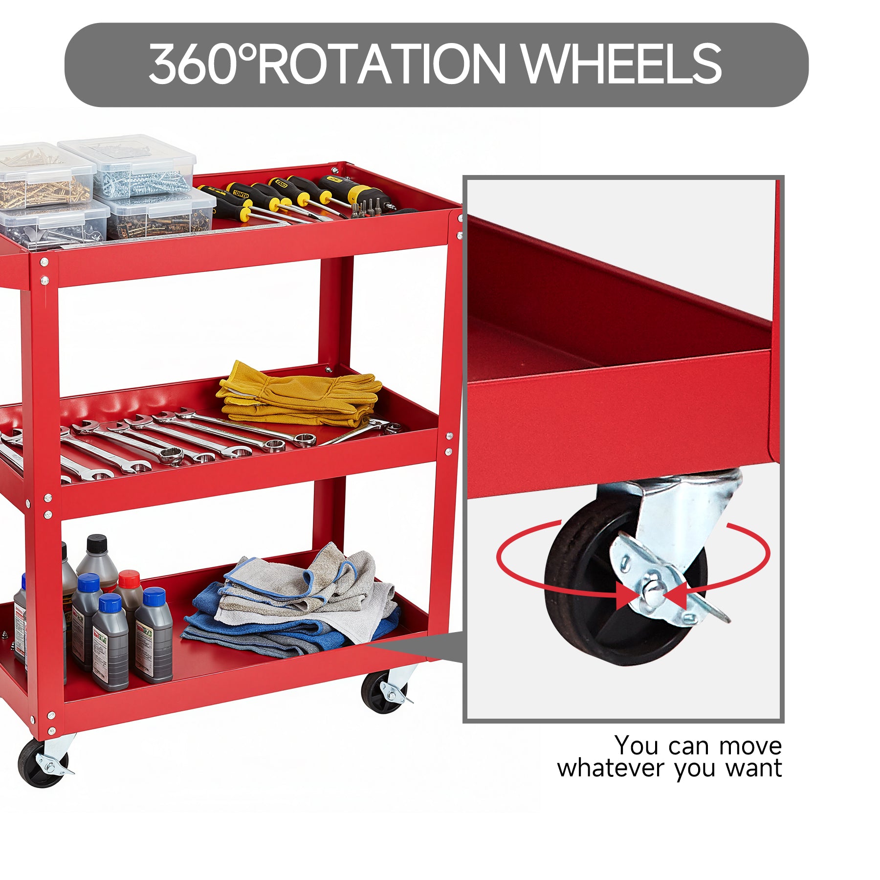 Tool Dorm Utility Service Cart, 3 Shelf 200LBS Heavy Duty Steel Rolling Utility Cart, Medium Lipped Shelf, 360° Swivel Wheels, Ergonomic Storage Handle for Warehouse Garage, Red