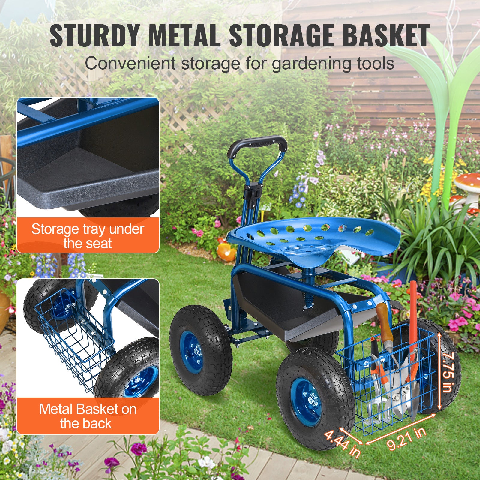 Garden Cart Rolling Workseat with Wheels, Gardening Stool for Planting, 360 Degree Swivel Seat, Wagon Scooter with Steering Handle & Utility Tool Tray, Use for Patio, Yard, and Outdoors, Blue