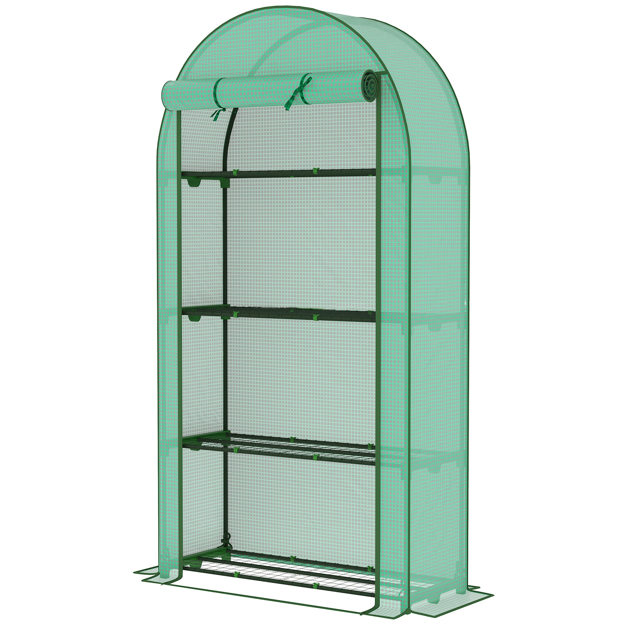 Lean‑to Portable Greenhouse with Four Shelves — Roll‑Up Door Steel Frame HDPE Cover Green