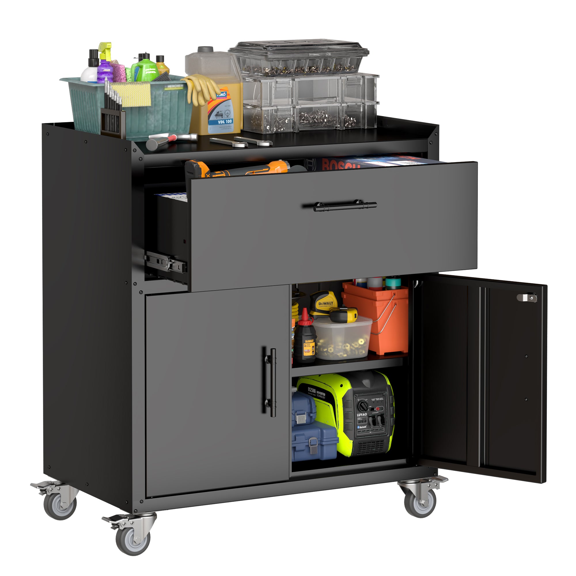 2 Door + 1 Drawer Lockable Rolling Tool Cabinet – Garage Storage with Wheels
