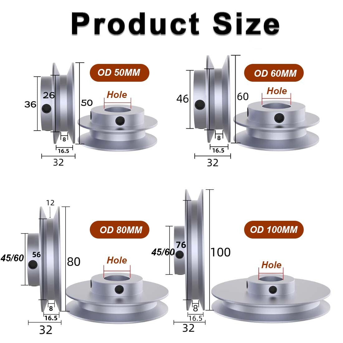 Aluminium V-Groove Pulley 1 Groove OD 50/60/80/100mm for B-type Belts Pulleys