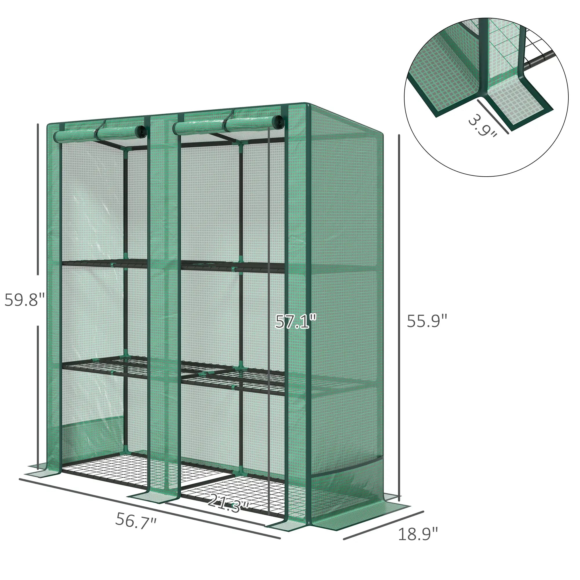 Lean‑to Portable Greenhouse with Three Shelves & Two Roll‑Up Doors — Steel Frame PE Cover Green
