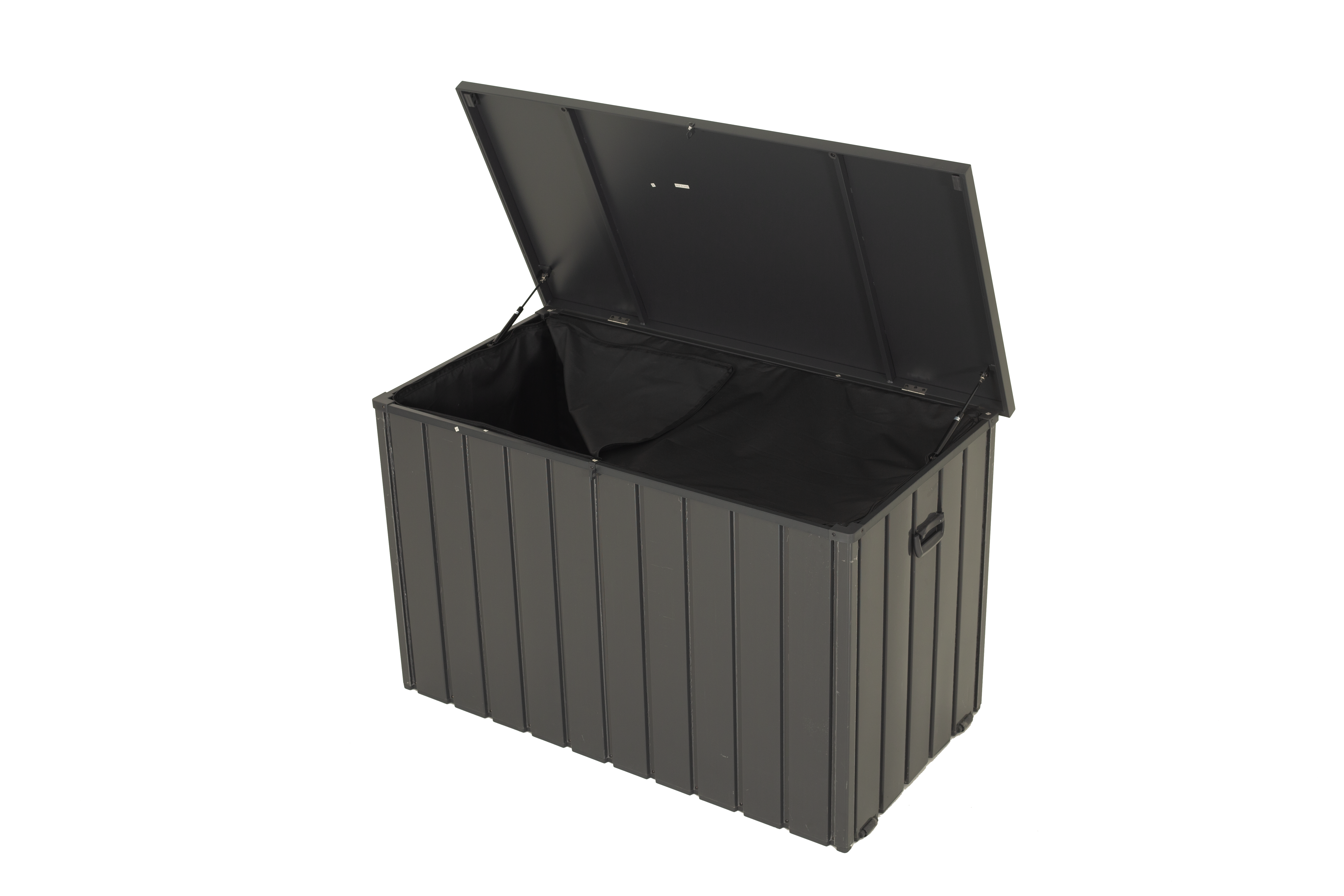 100 Gallon Metal Outdoor Deck Box with Built‑in Oxford Fabric Storage Bag – Waterproof Patio Bench, Dark Gray