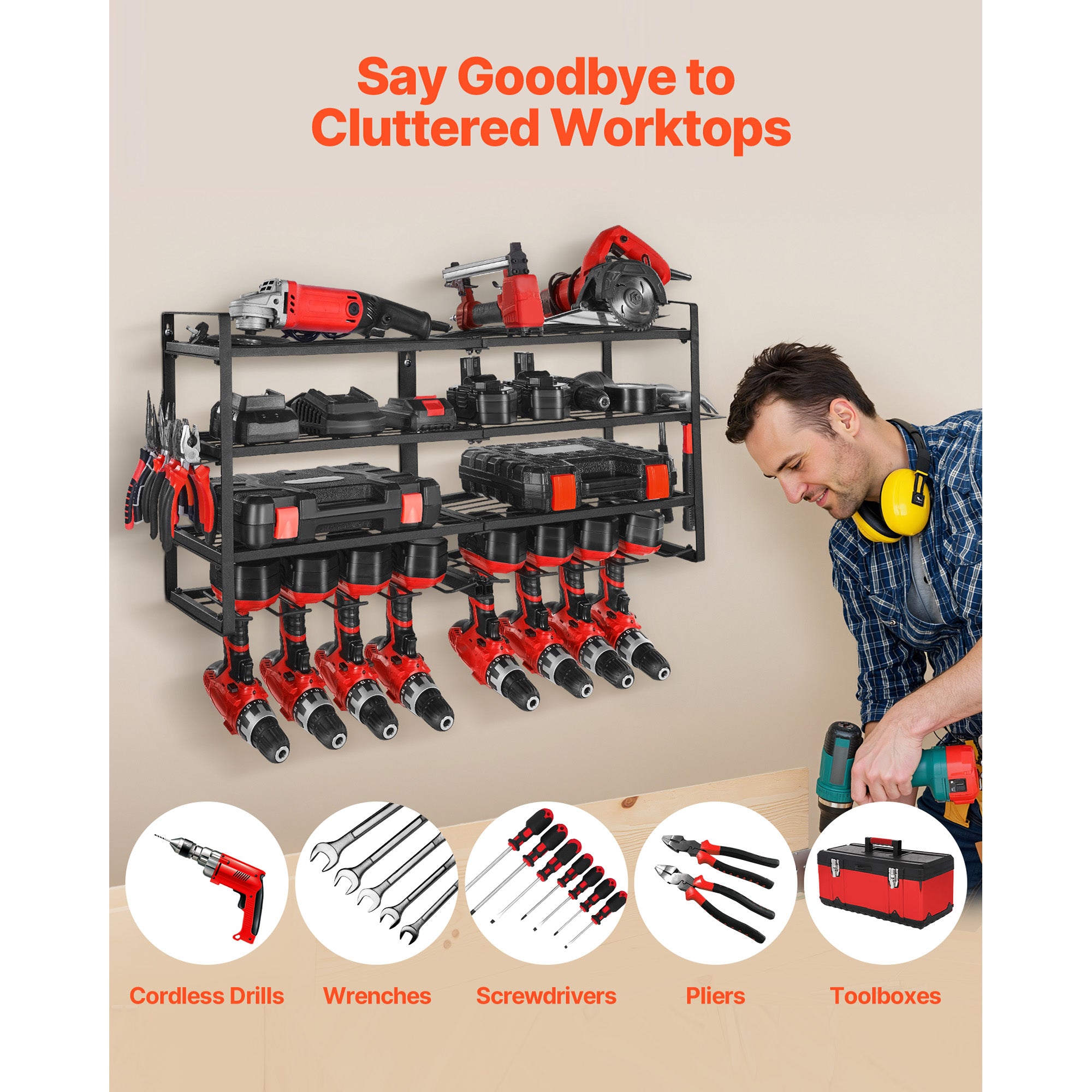 Power Tool Organizer Wall Mount – 4-Layer Storage Rack with 8 Drill Holders & Screwdriver Holder for Garage, Workbench, Workshop