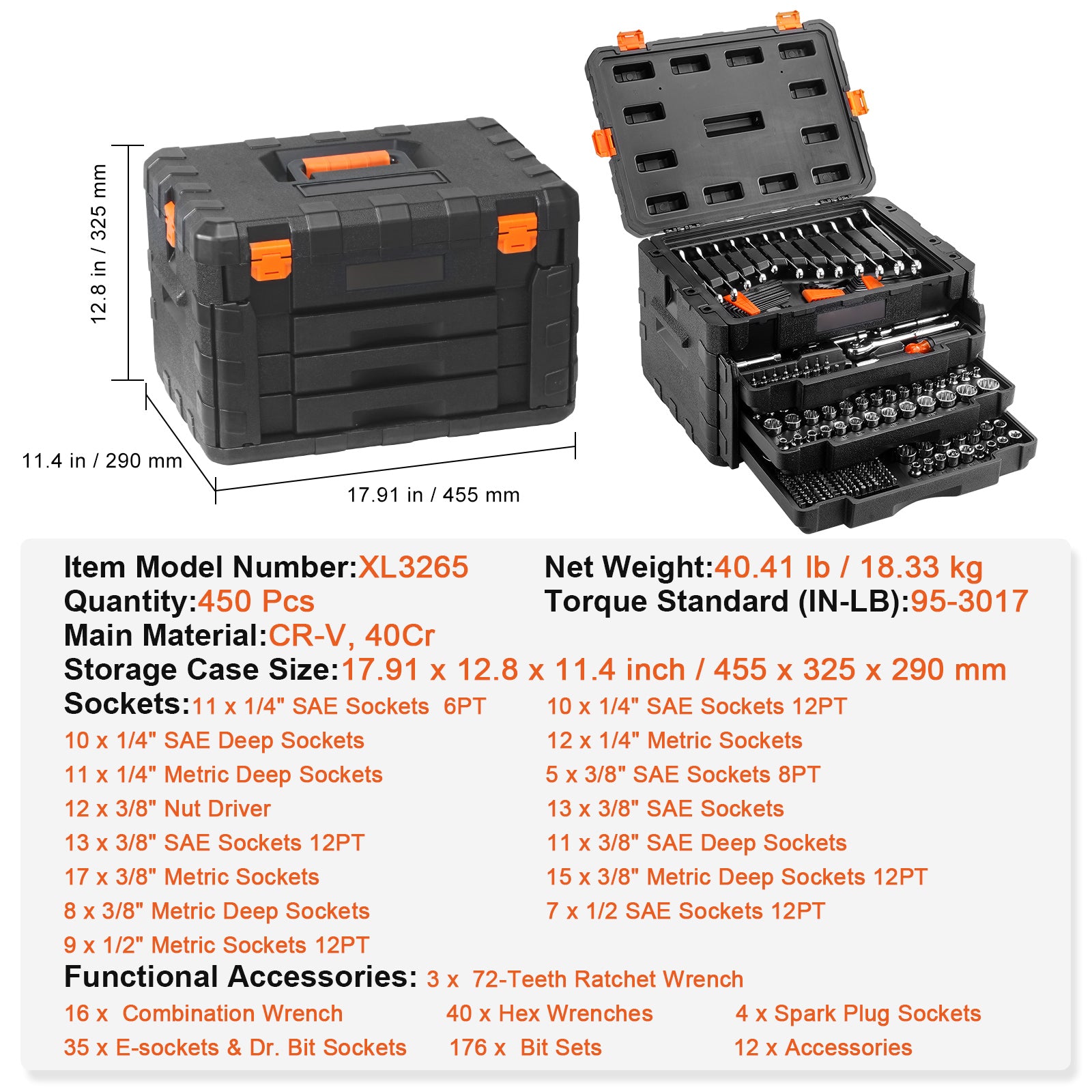 450-Piece Mechanics Tool Set – 1/4", 3/8", 1/2" Drive Socket Set with Case