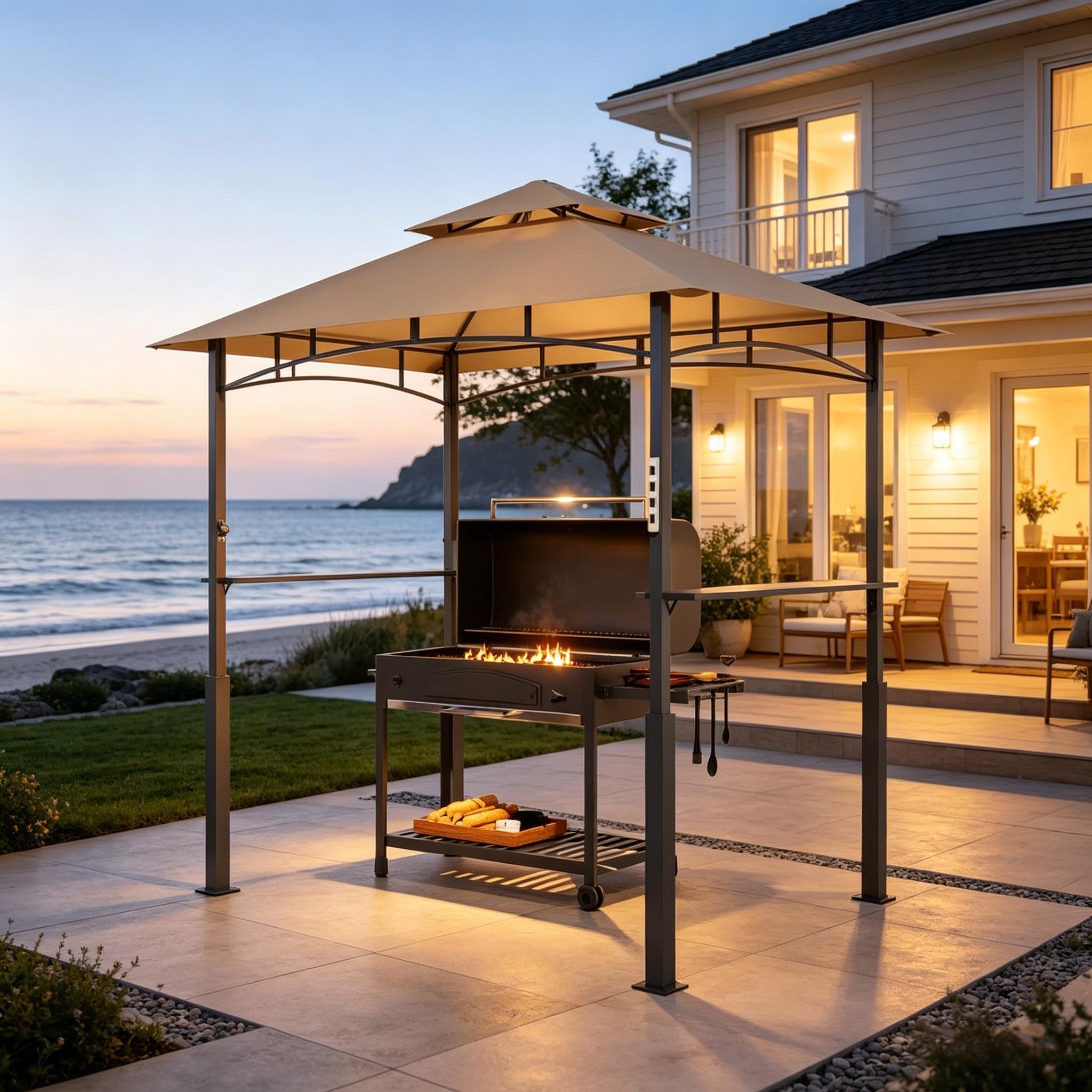 BBQ Grill Gazebo with Double-Tier Canopy, Side Shelves, 8 Hooks & LED Light, Fits Grills up to 59 in Wide, Khaki