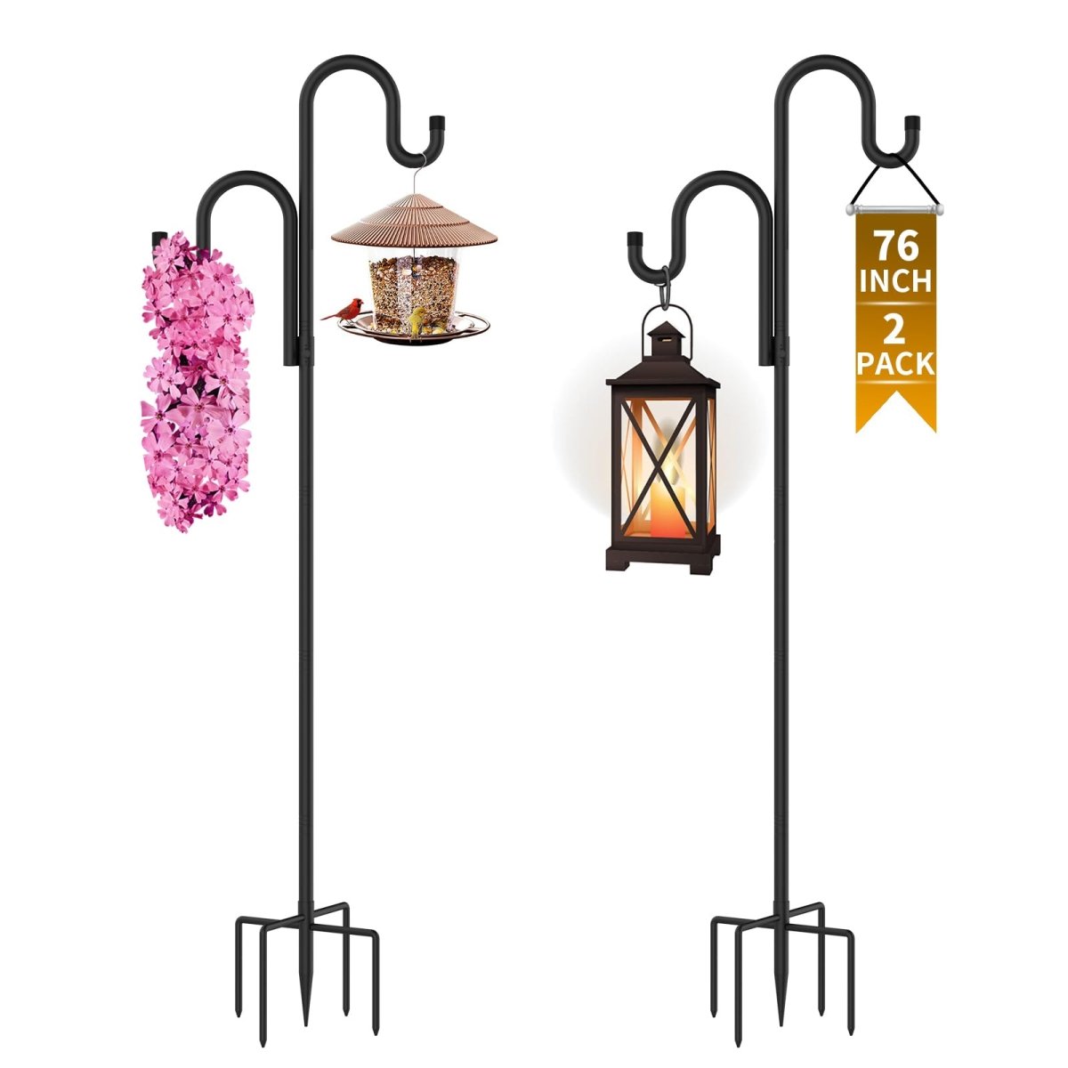 Double Shepherds Hooks for Outdoor, Bird Feeder Pole with 5 Prongs Base, Heavy Duty Garden Hook for Lantern, Wind Chime and Hummingbird Feeder, 45/62/76/92 Inch, 2 Pack - HomeDIYer