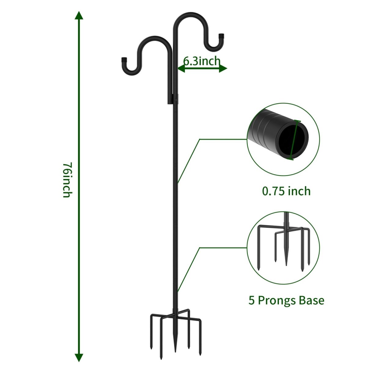 Double Shepherds Hooks for Outdoor, Bird Feeder Pole with 5 Prongs Base, Heavy Duty Garden Hook for Lantern, Wind Chime and Hummingbird Feeder, 45/62/76/92 Inch, 2 Pack - HomeDIYer