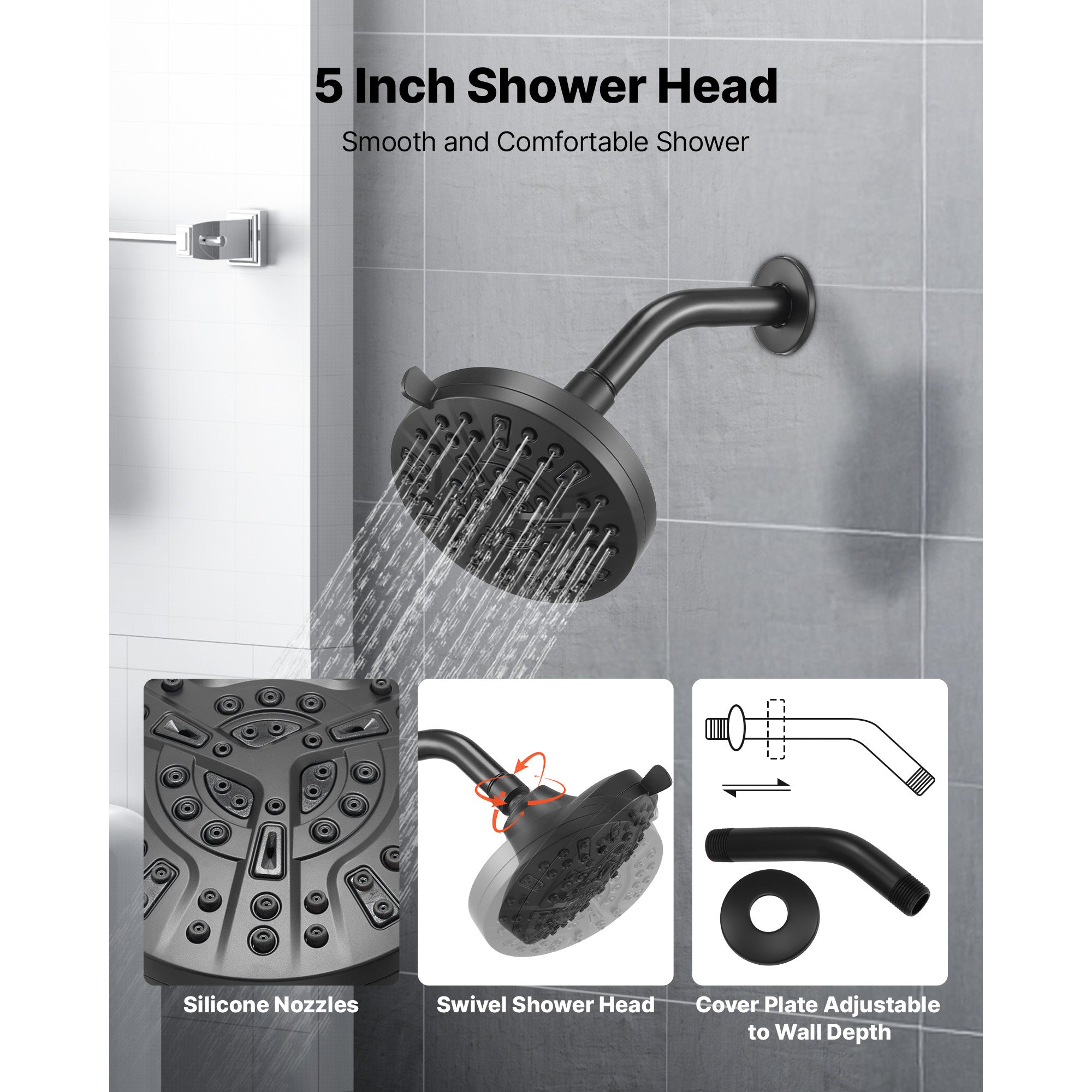 Complete Tub & Shower Faucet Set – 5" Rainfall Shower Head, 8 Spray Modes, Pressure Balancing Valve, Matte Black