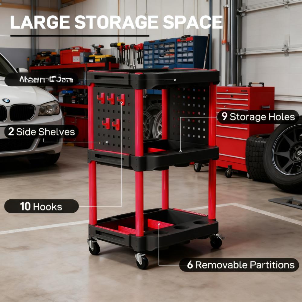 Capacity Plastic Utility Cart,3-Tier Rolling Tool Cart with Side Shelves for Garage, Workshop