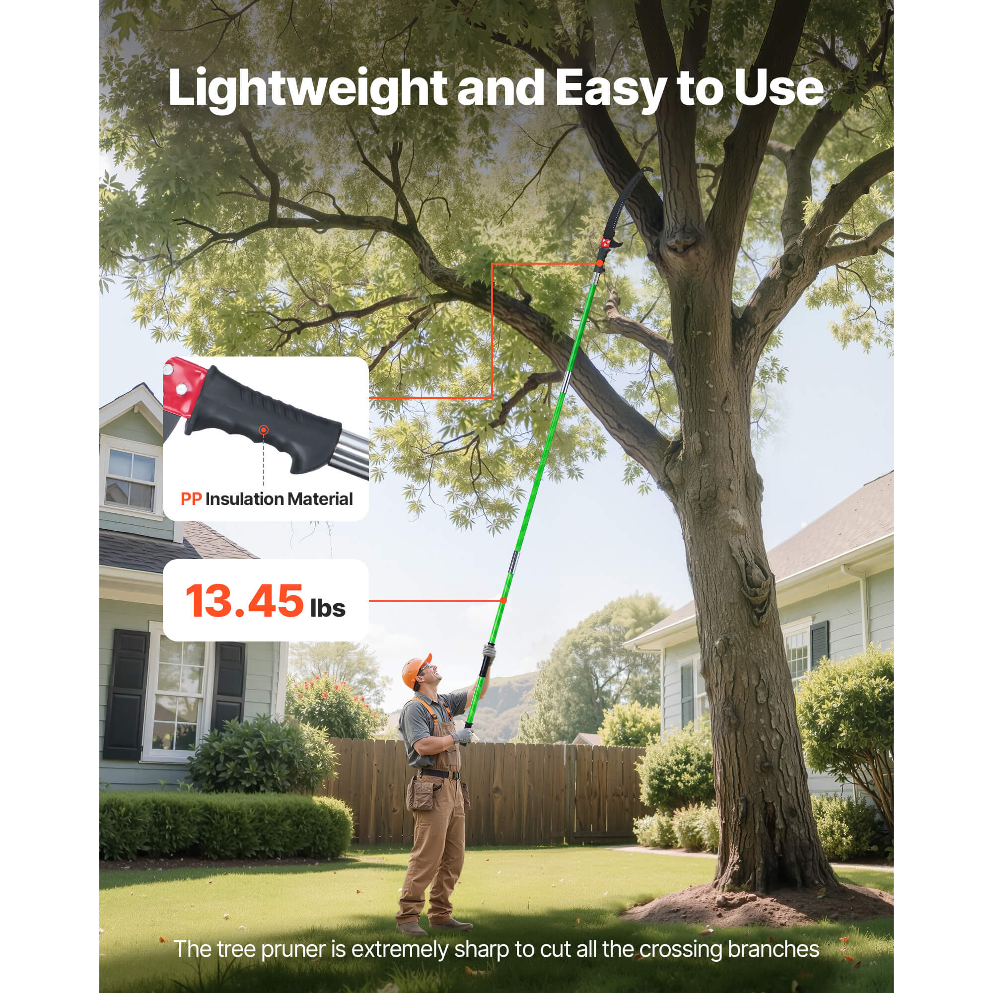 27 ft Manual Pole Saw – Extendable Tree Pruner with 65Mn Steel Blade & 8-Section Fiberglass Pole