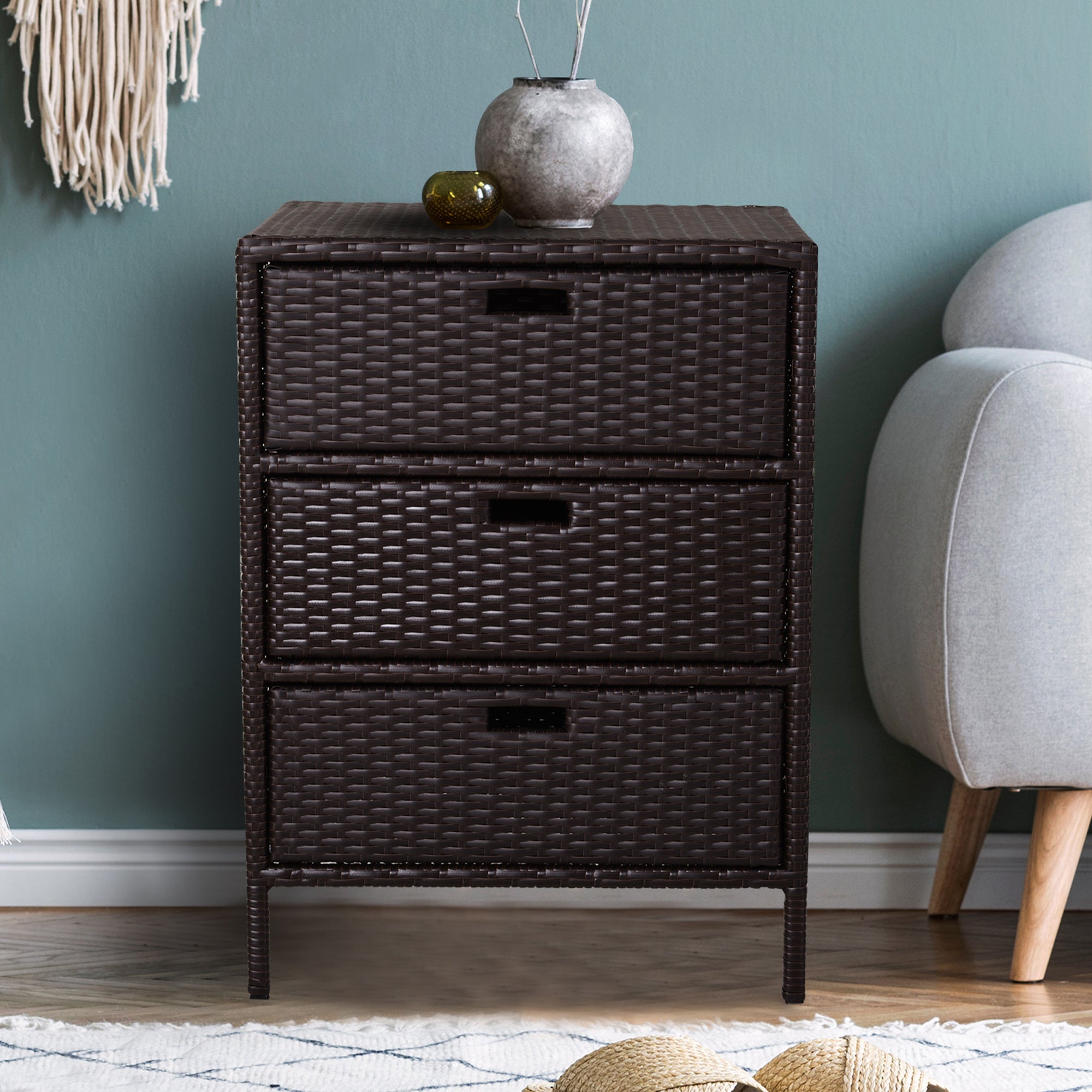 Outsunny Outdoor Towel Cabinet, PE Rattan Pool Storage Organizer, Freestanding Outdoor Towel Rack for Pool with 3 Drawers and Weather Safe Material, Brown