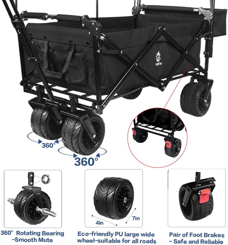 Collapsible Wagon 140L Wagons Carts Foldable with Removable Canopy, Folding Wagon Cart with Wheels for All-Terrain with Brake, Foldable Wagon with Cooler Bag, for Camping Beach Shopping