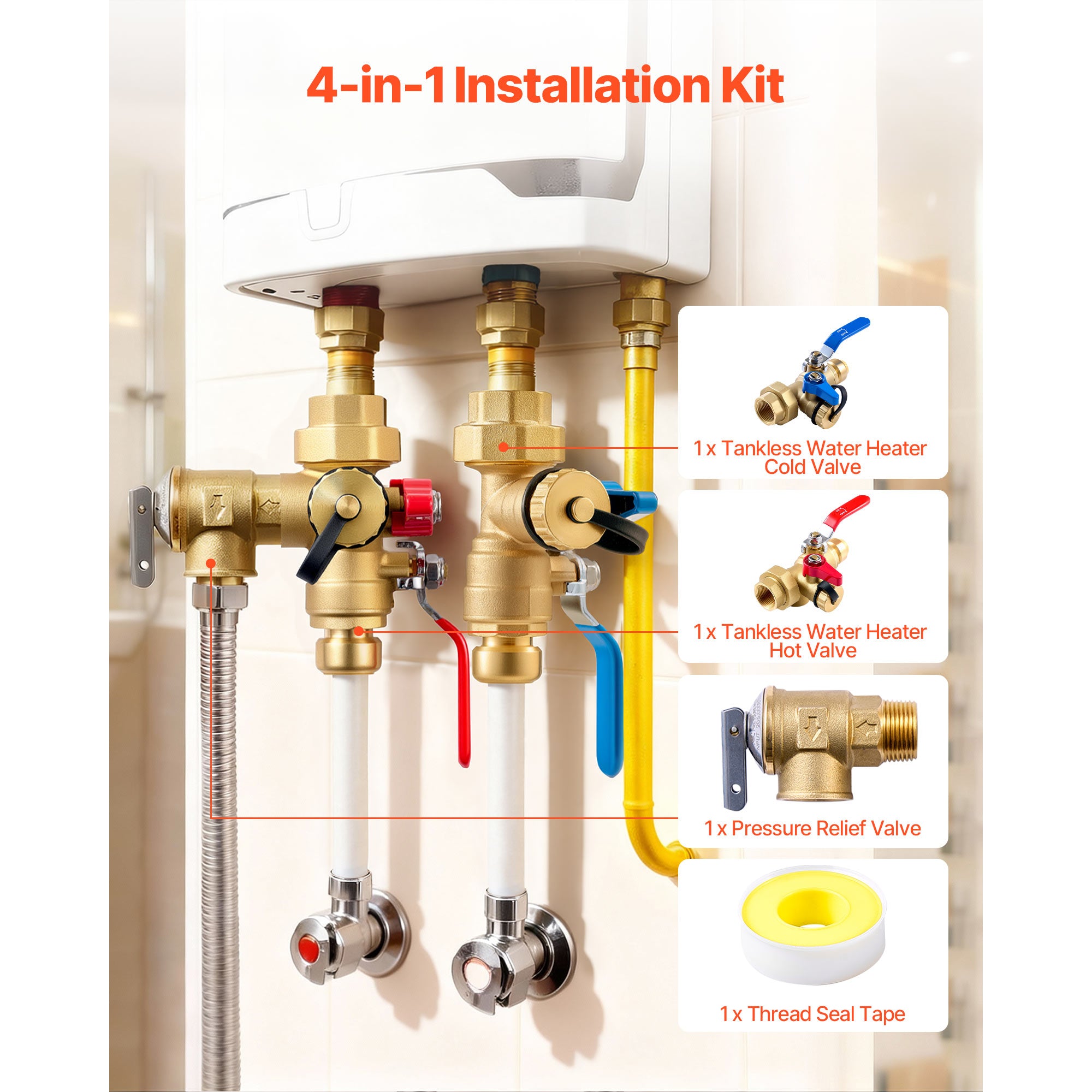 Tankless Water Heater Service Valve Kit – 3/4” NPT to PTC Isolation Valves + Pressure Relief, Lead-Free Brass