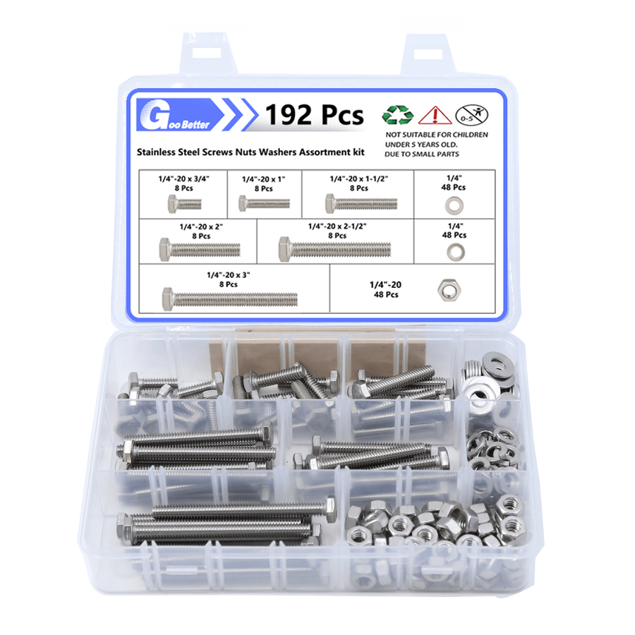 192Pcs 1/4'' - 20 Hex Head Bolts And Nut & Washer Assortment Kit A2 Stainless Steel - HomeDIYer