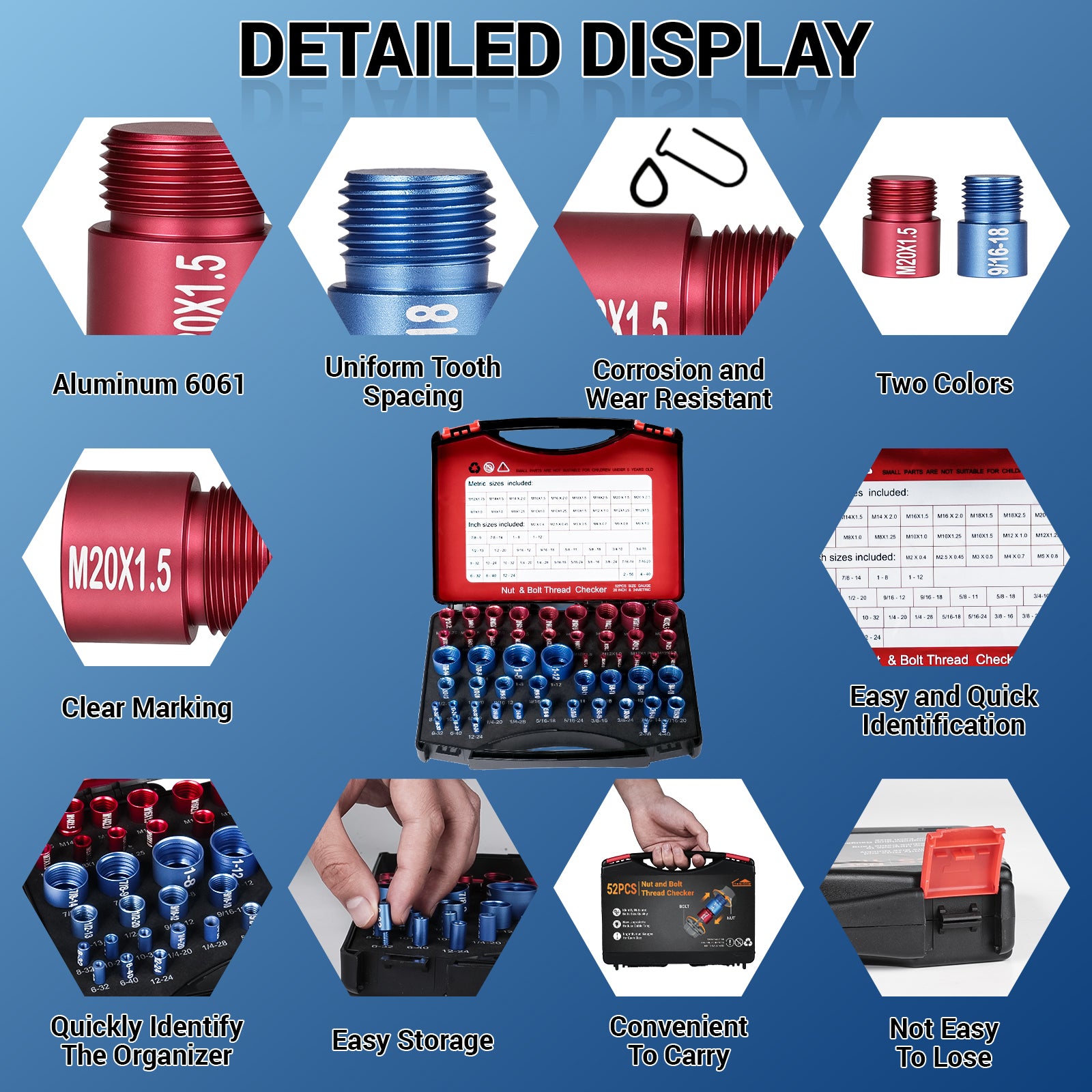 52-Piece Thread Checker Set — Standard & Metric Nut and Bolt Size Finder
