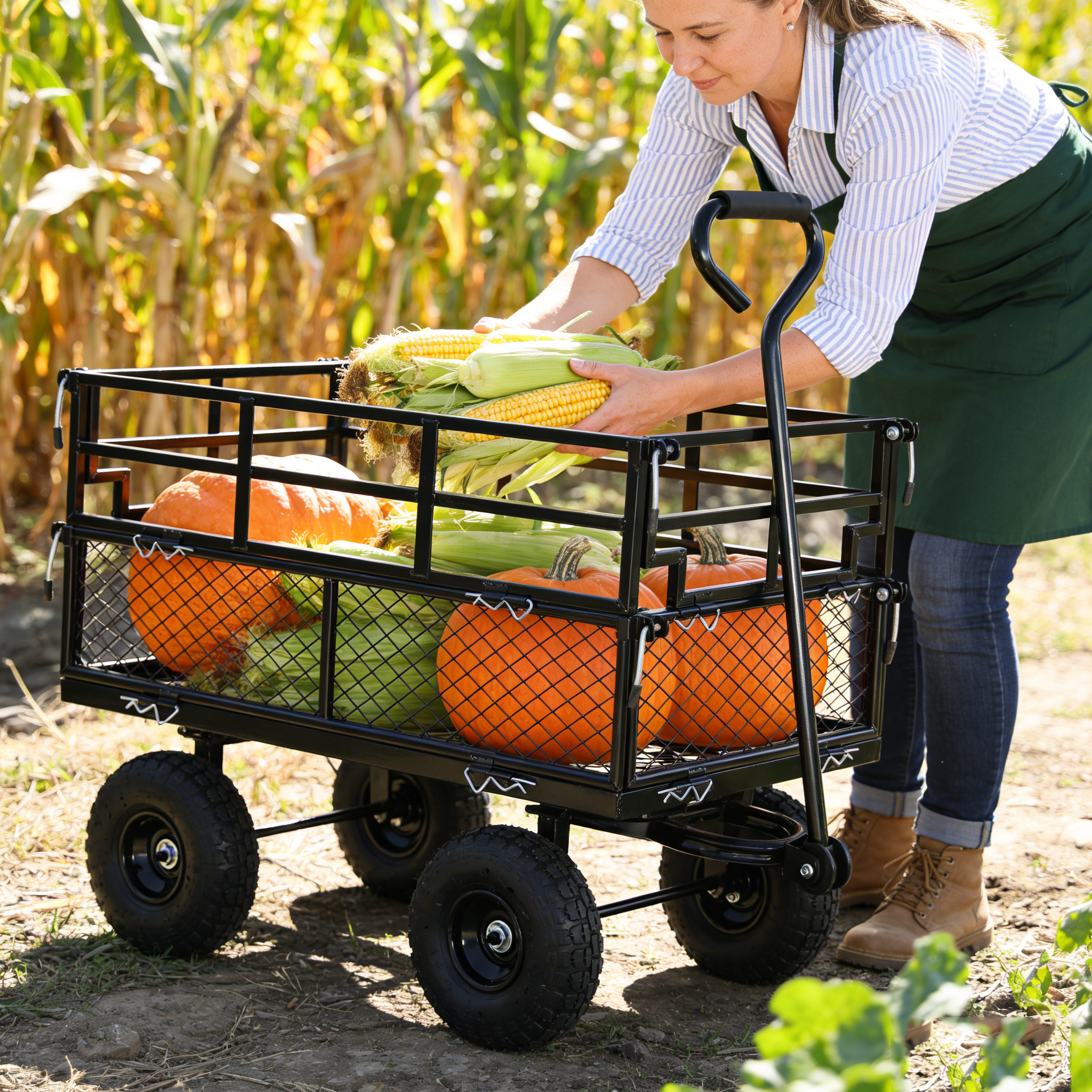 (Black double fence utility cart) Wagon Cart Garden cart trucks make it easier to transport firewood