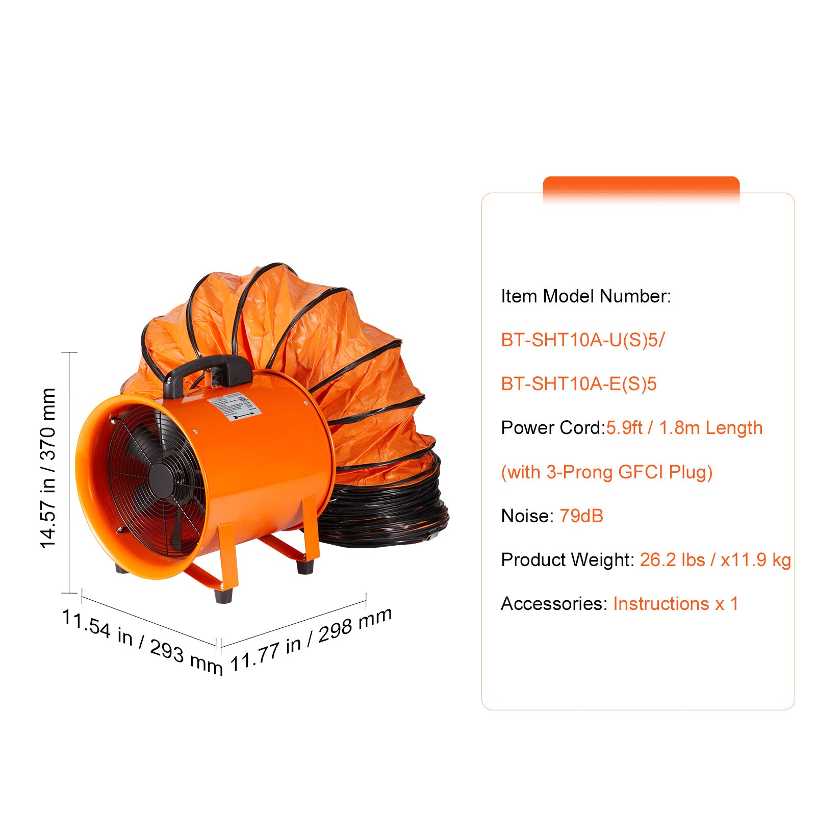 Portable Ventilator, 10 inch Heavy Duty Cylinder Fan with 16.4ft Duct Hose, 380W Strong Shop Exhaust Blower 1893FM, Industrial Utility Blower for Sucking Dust, Smoke, Smoke Home/Workplace