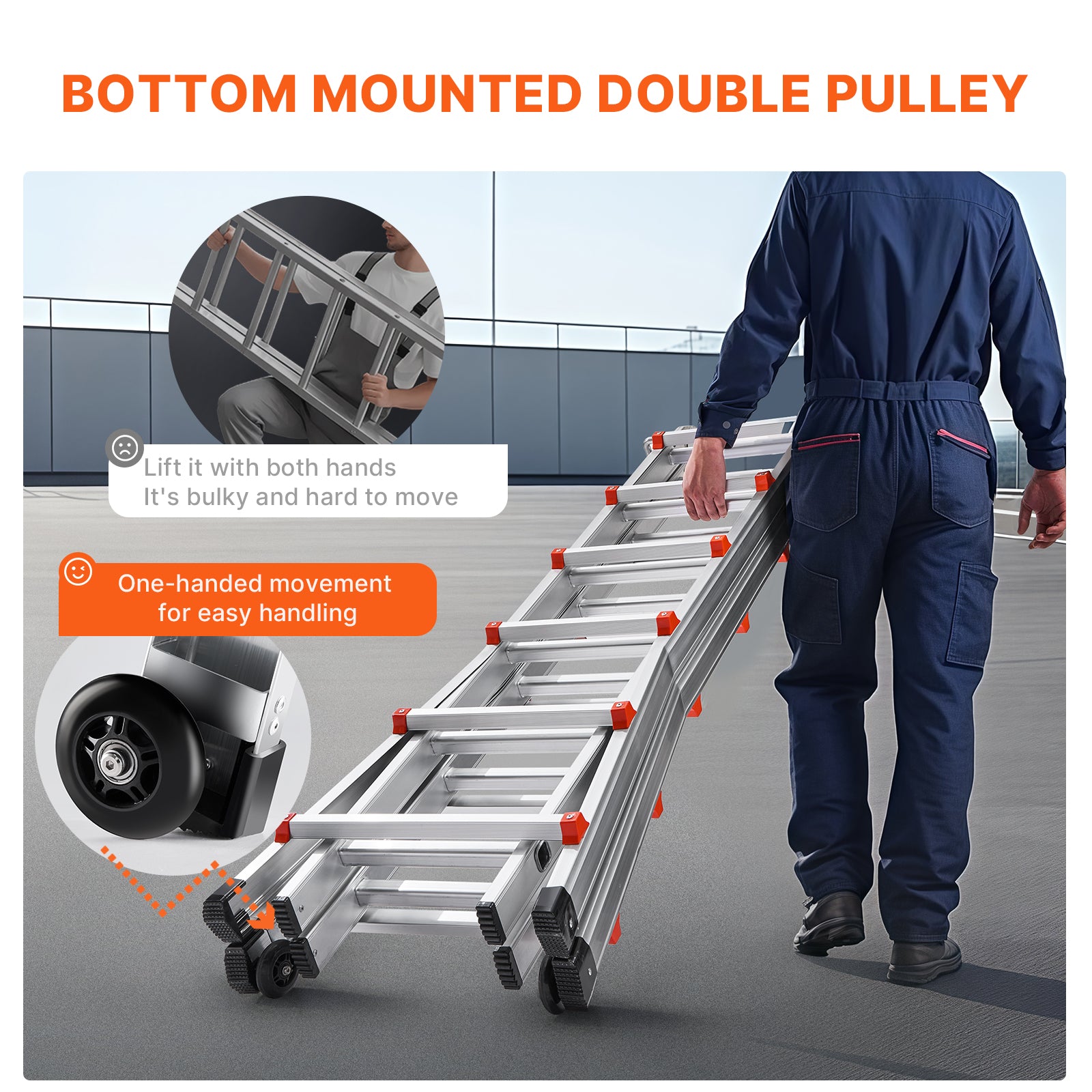 20.5FT Telescoping A‑Frame Aluminum Ladder — 330 lb Capacity, No Assembly, Dual Wheels, Silver