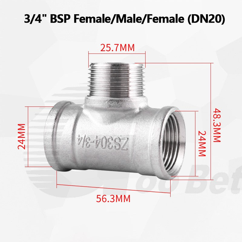 304 Stainless Steel BSP Tee Pipe Fitting — Male & Female Thread, 1/2" to 2"