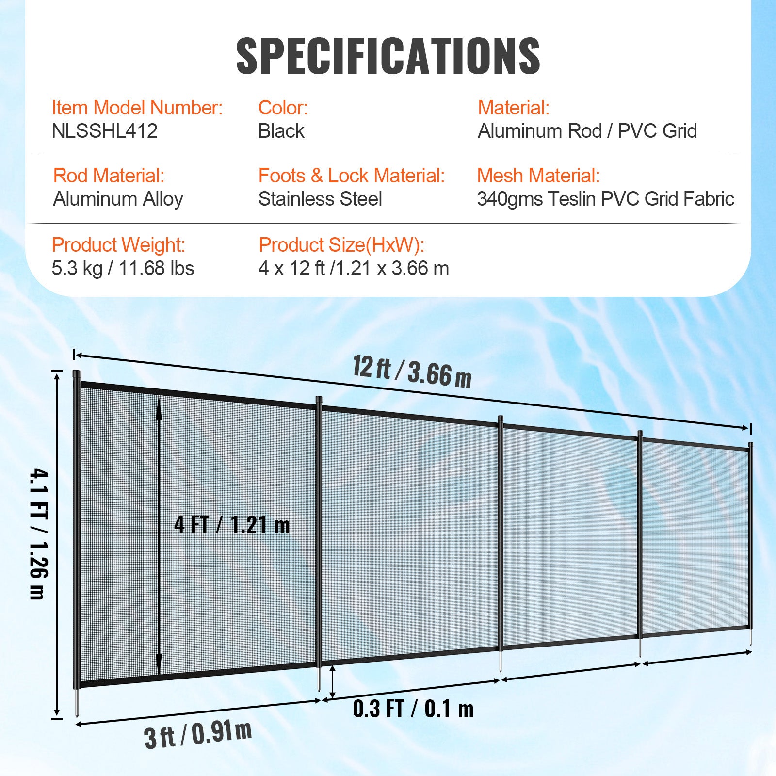 Pool Fence, 4 x 12 FT Pool Fences for Inground Pools, Removable Child Safety Pool Fencing, Easy DIY Installation Swimming Pool Fence, 340gms Teslin PVC Pool Fence Mesh Protects Kids and Pets