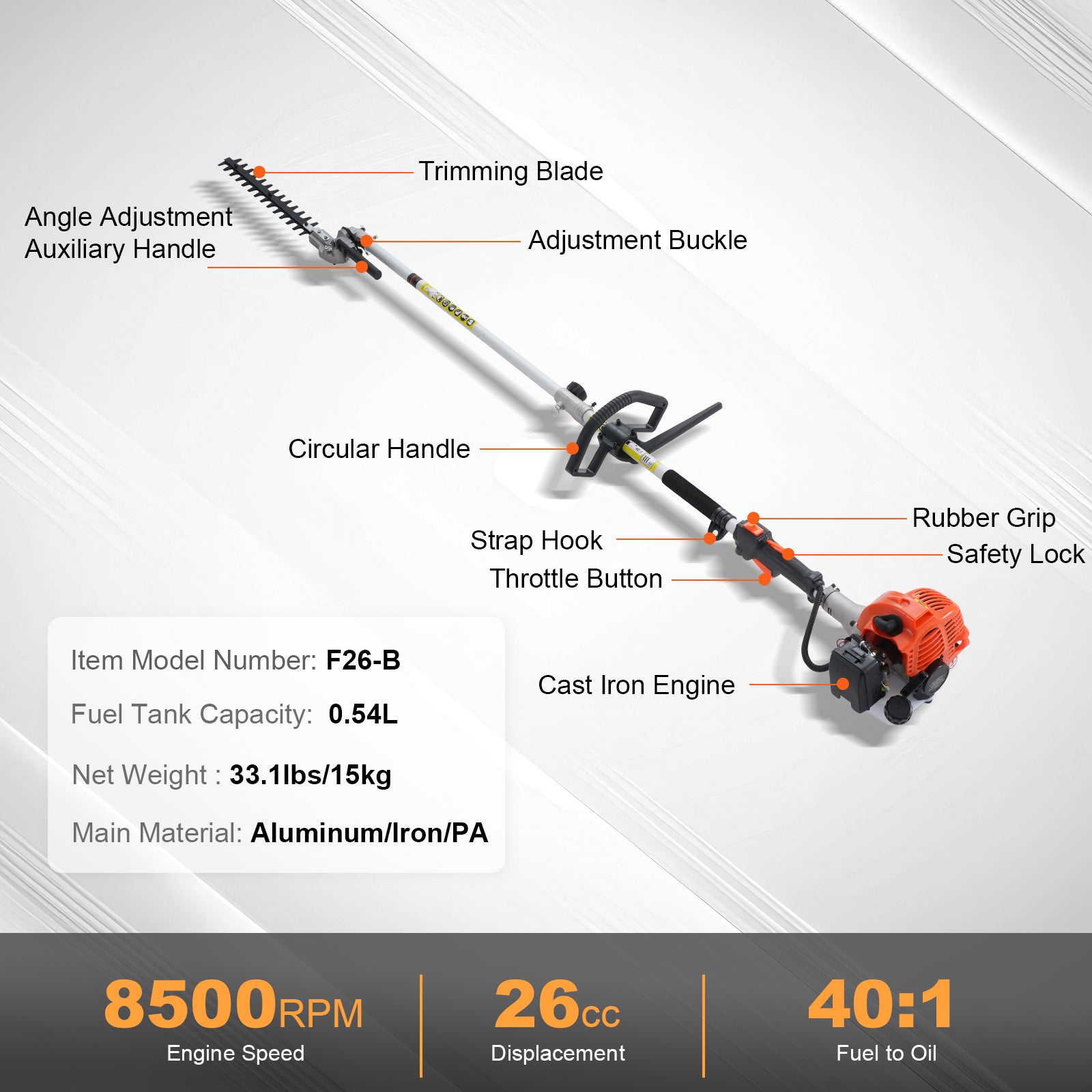26CC 6-in-1 Gas Multi-Tool | Hedge Trimmer + Pole Saw + Brush Cutter + String Trimmer + Edger – Lightweight Aluminum