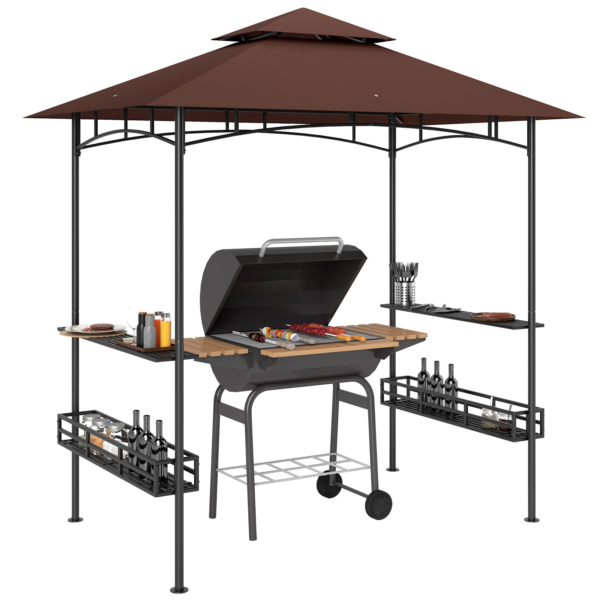 8x5 FT Grill Gazebo, 2-Tier Roof, 2 Side Shelves, 2 Storage Baskets, Ceiling Hook, Dark Brown