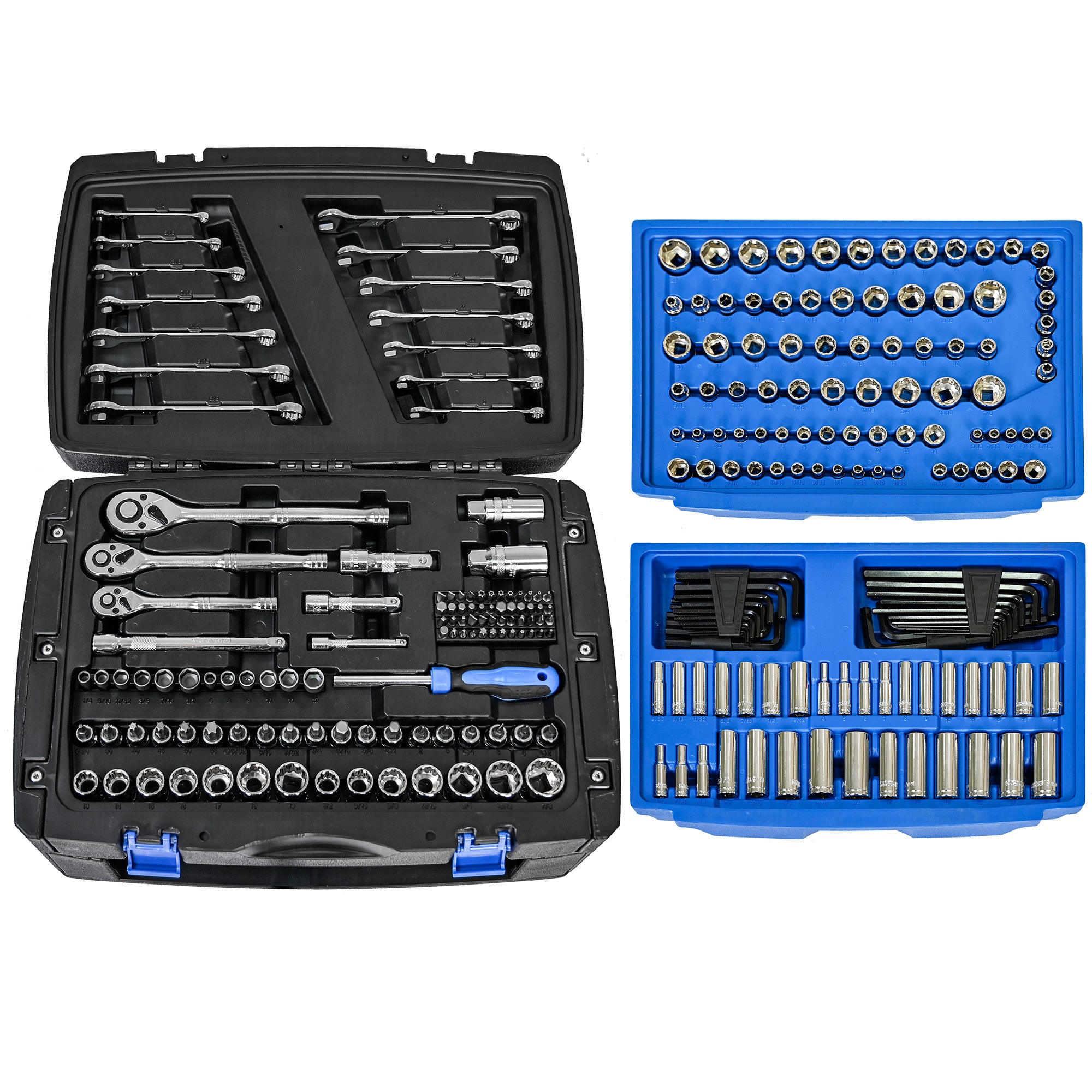 266‑Piece Black Tool Set with Lockable Case — Carbon Steel Home & Auto Repair Kit, Blue Accents