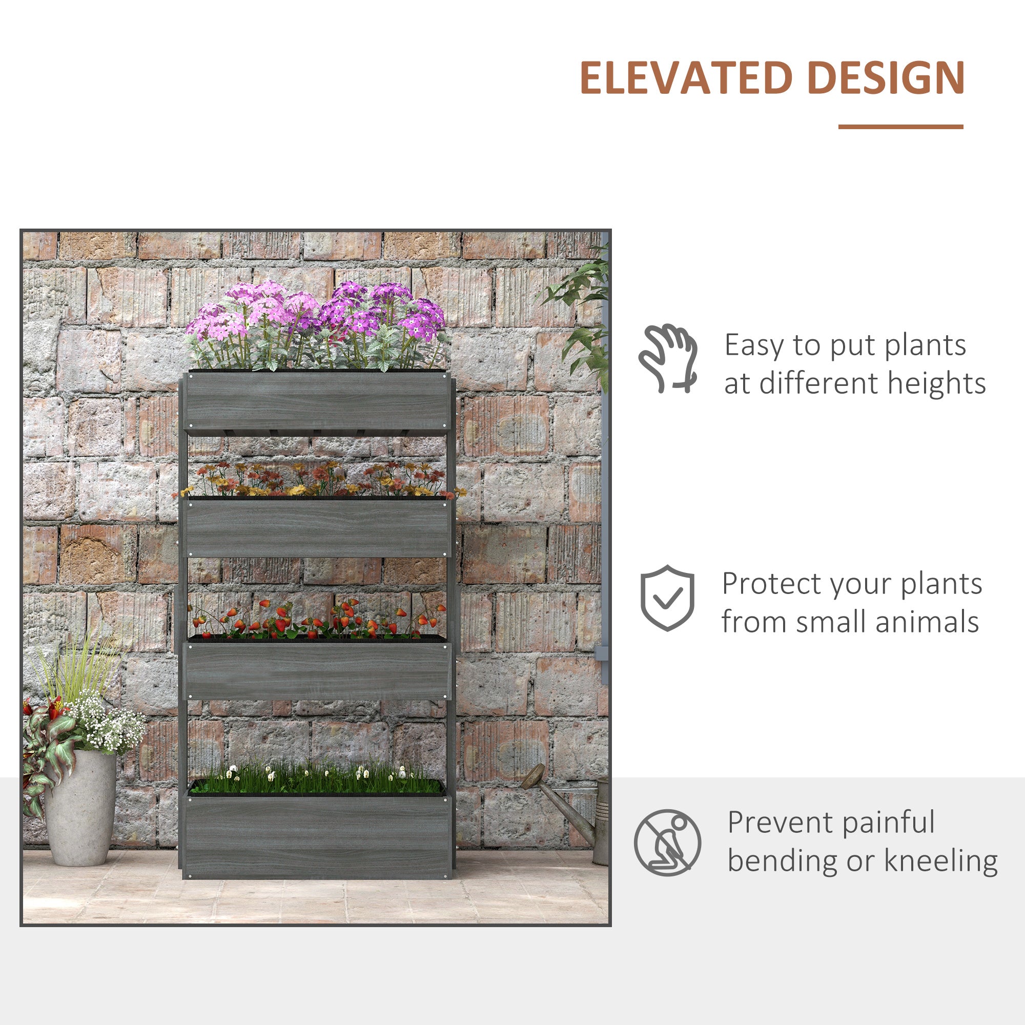 Outsunny Vertical Garden Planter, Wooden 4 Tier Planter Box, Self-Draining with Non-Woven Fabric for Outdoor Flowers, Vegetables and Herbs, Gray