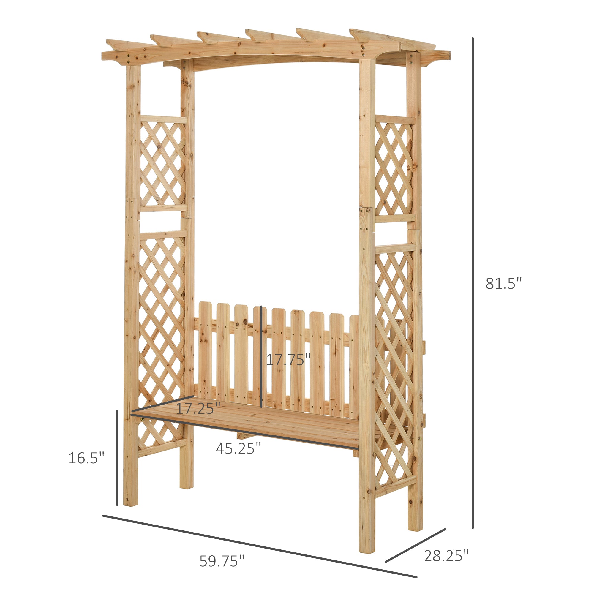 Outsunny Wooden Garden Arbor for Climbing Plants with Garden Bench, Garden Arch to Grow Grapes & Vines, Patio Decor & 2-Person Outdoor Wood Decorative Seating, Natural