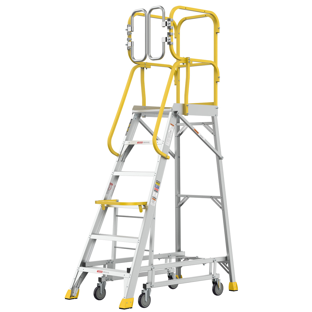 Rolling Platform Ladder, 6 Step Aluminum, 375 lbs Capacity with Guardrails