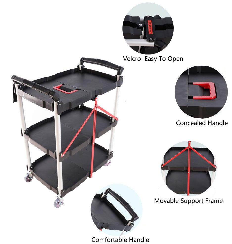 Folding service car with wheels, three - layer practical trolley, folding storage cart, suitable for family, garage, restaurant, hotel, kitchen, warehouse. No assembly required. - HomeDIYer