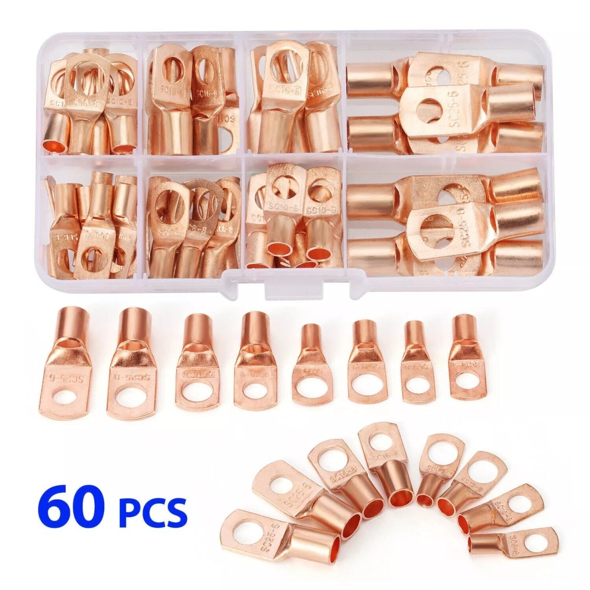 60Pcs/Kit SC6 - 25 Copper Lug Ring Battery Bare Lug Terminals Connector Wire Gauge - HomeDIYer