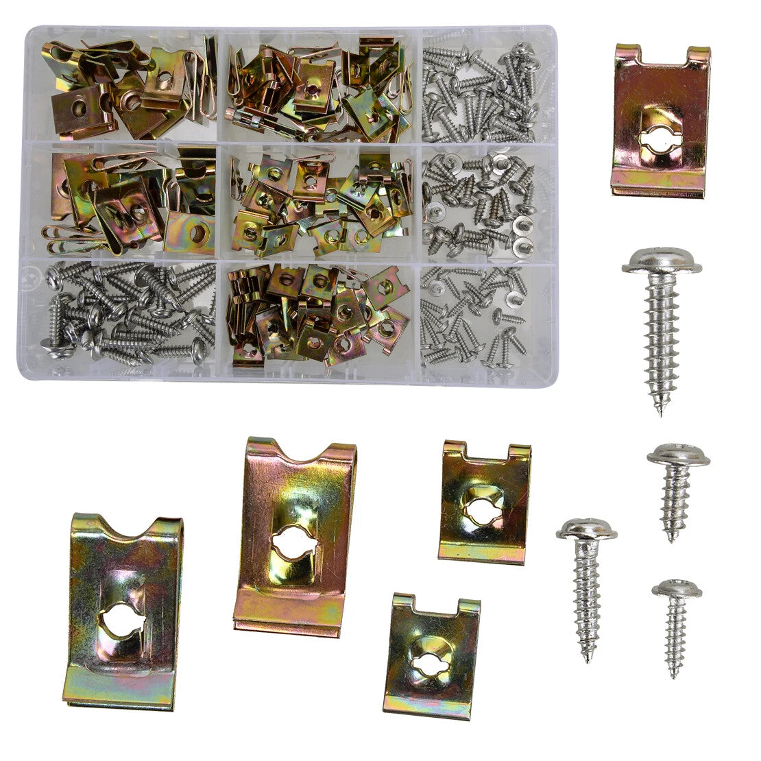 200‑Piece Clip Nut Snap Nut Assortment Set – Sheet Metal Screws &amp; Threaded U‑Nuts, M3 M4 M5