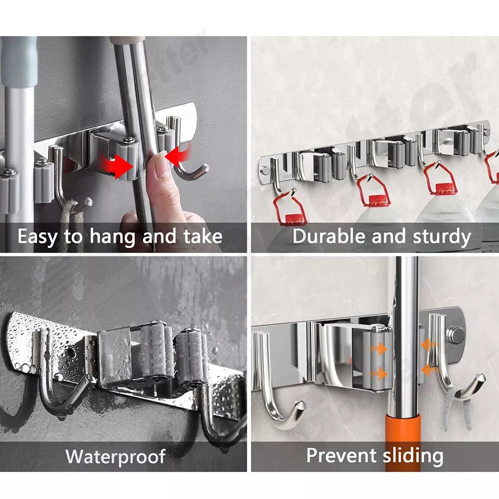 Mop Broom Holder Wall Mounted Kitchen Storage Organiser Brush Hanger Hook - HomeDIYer