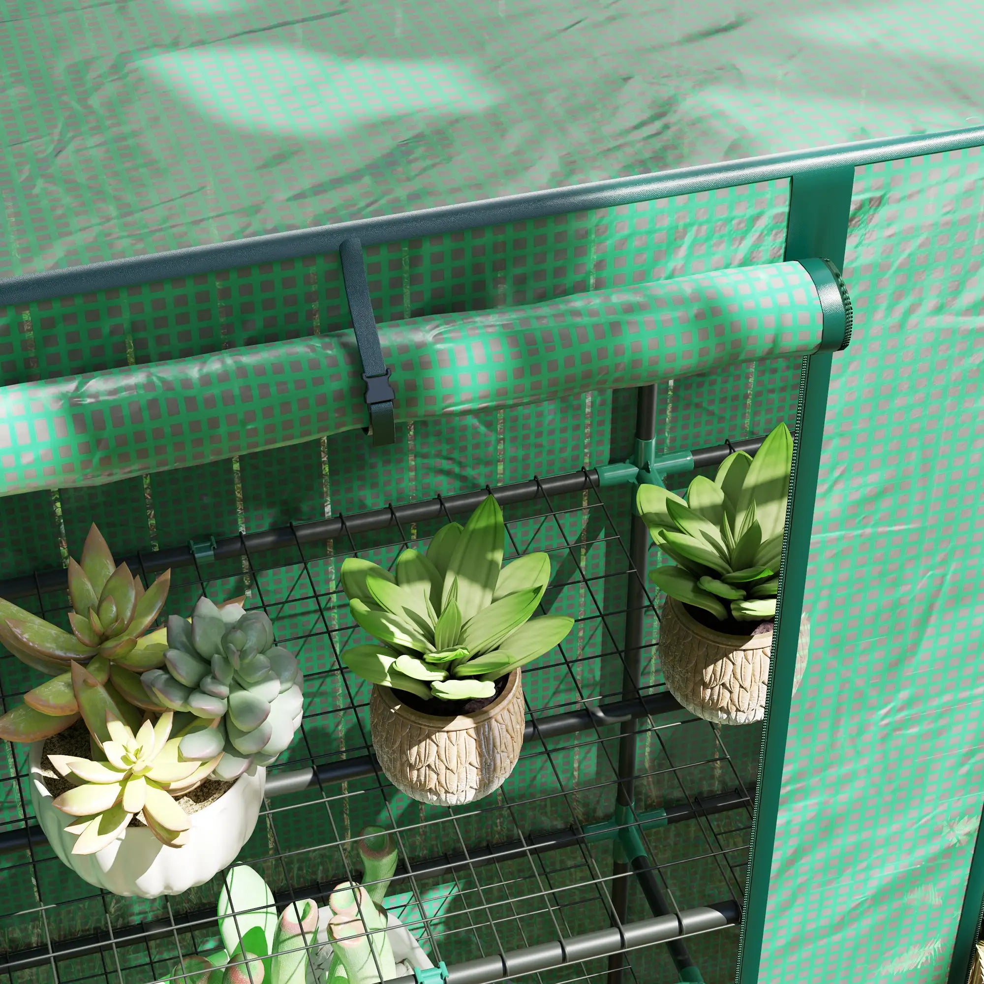 Lean‑to Portable Greenhouse with Three Shelves & Two Roll‑Up Doors — Steel Frame PE Cover Green