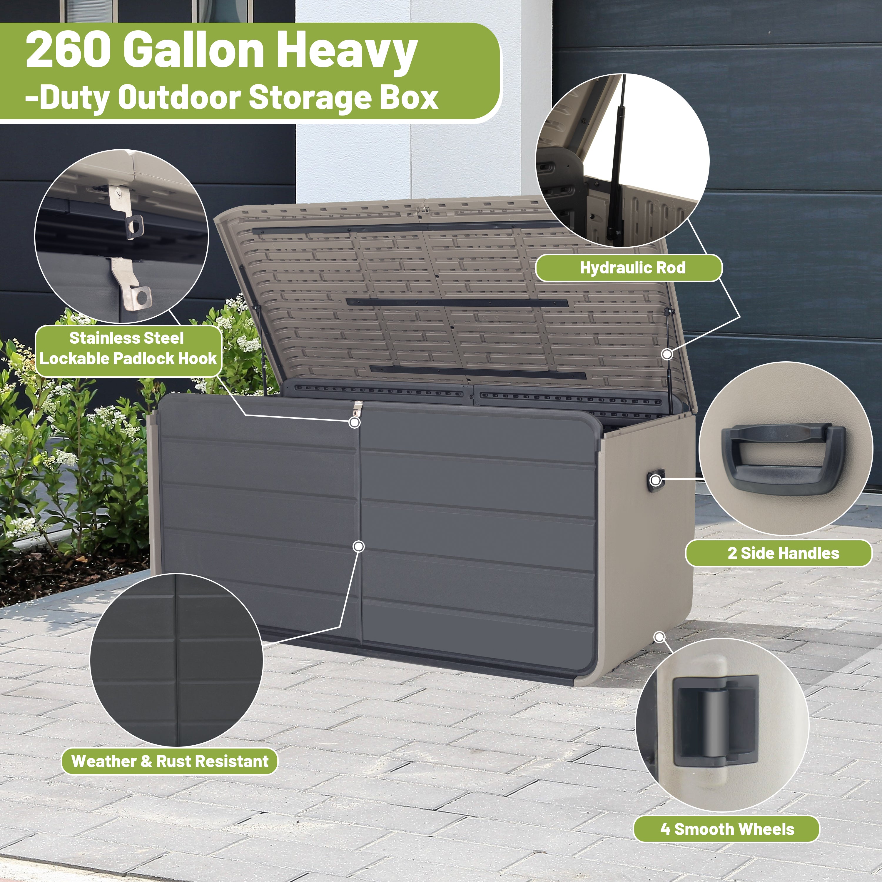260 Gallon Plastic Deck Box — Extra‑Large Waterproof Outdoor Storage Bench with Wheels & Lock, Gray