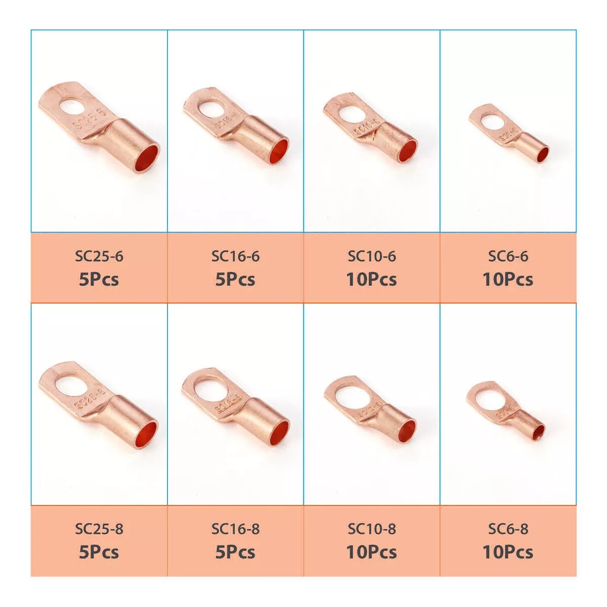 60Pcs/Kit SC6 - 25 Copper Lug Ring Battery Bare Lug Terminals Connector Wire Gauge - HomeDIYer