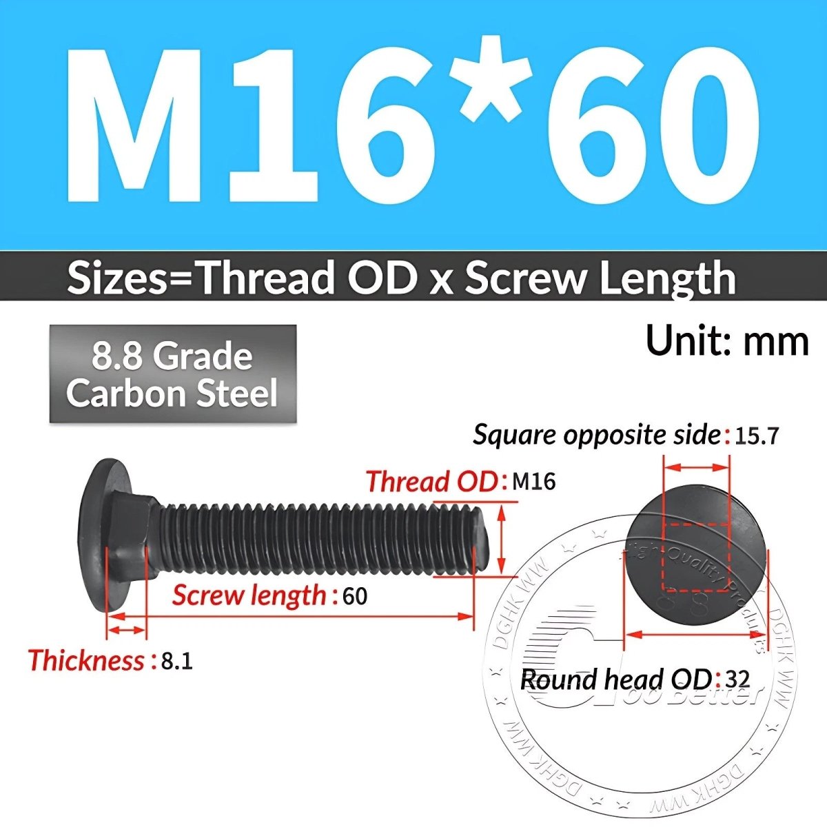 Black 8.8 Grade Steel Carriage Bolts | Cup Square Dome Head | M6–M24 - HomeDIYer