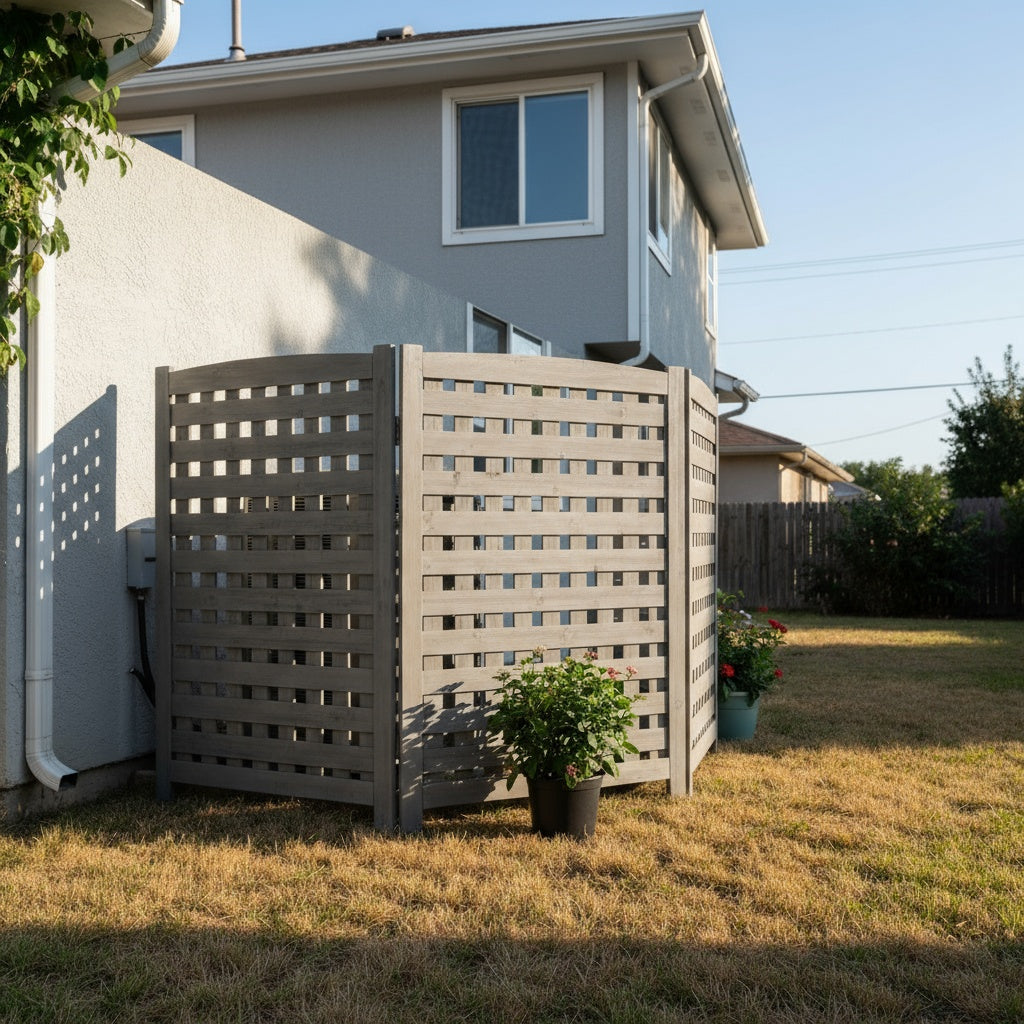 3‑Panel Fir Wood Outdoor Privacy Screen — 32" W x 38" H, AC Fence & Trash Can Enclosure, Grey